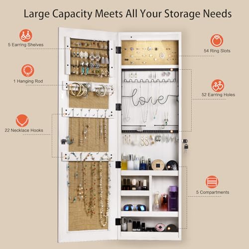 SRIWATANA Washed White Jewelry Cabinet with Full Length Mirror, Solid Wood - color: Washed White