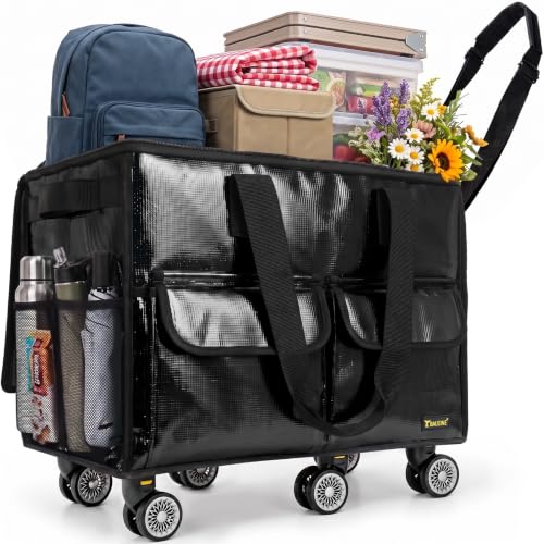 BALEINE Reusable Grocery Bag on Wheels, Foldable Rolling Tote Bag - color: Black- Wide, size: Medium