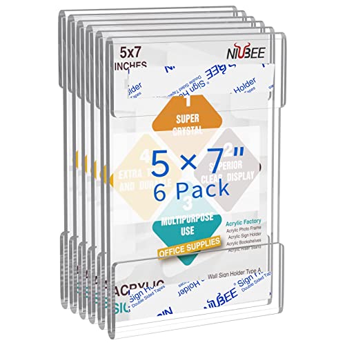 NIUBEE 5x7 Acrylic Sign Holder Wall Mount Clear Frame 6 Pack - size: 5x7"