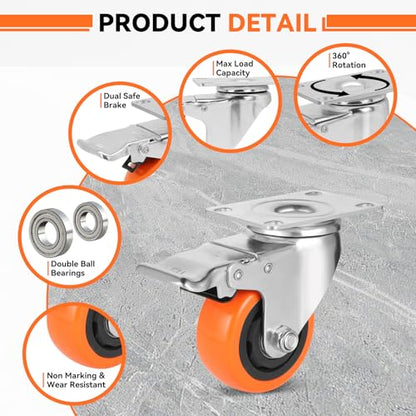 WBD WEIBIDA 3 Inch Swivel Caster Wheels with Brake, Safety Dual Locking Casters Set of 4 Heavy Duty of 1000lbs, Premium Polyurethane Wheels for Furniture and Workbench((Screws and Spanner) - size: 3 INCH