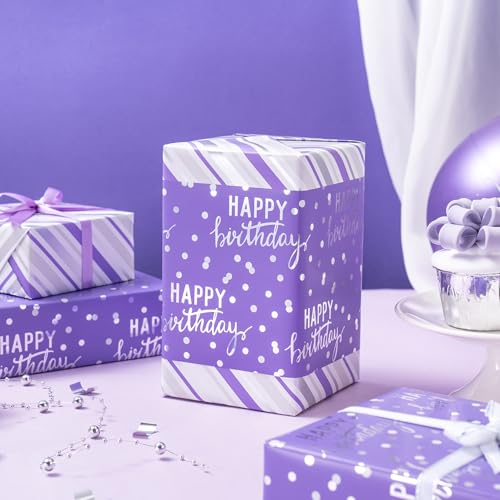 LeZakaa Purple Birthday Wrapping Paper Roll for Girls Women, Happy Birthday Lettering & Stripe Reversible, Metallic Foil, Large Roll, 30 inches x 32.8 Feet (92.9 sq.ft.) - color: Birthday - Purple, size: 30" X 32.8 ft