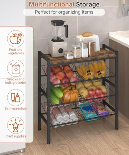 4-Tier Fruit and Vegetable Storage Rack, Freestanding Snack Stand Shelf with 6 Removable Baskets, Small Kitchen Island with Wood Top for Pantry Floor Organization, Black