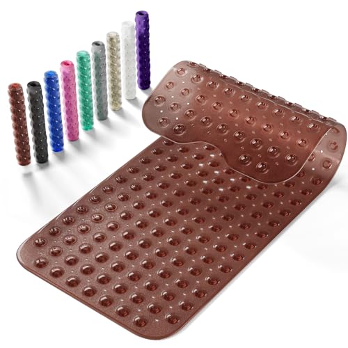Non-Slip Bath Tub Mat, 39x16 Inch Extra Large Shower Mat with Drain Holes & Suction Cups, Machine Washable, Clear Brown - color: Clear Brown