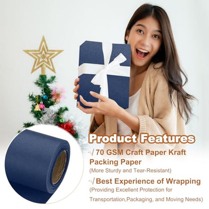 PATIKIL Wrapping Paper, 12" x 300"(25') 70 GSM Craft Paper Roll Kraft Packing Paper for Poster Bulletin Board, Gift Wrapping, Navy Blue - color: Navy Blue, size: 12" x 300"(25')