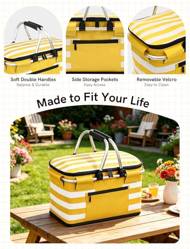 26L Insulated Picnic Basket,Collapsible Leak-Proof Bag,Yellow - color: Sunshine Yellow, size: 26L