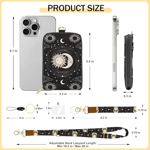 Daily Carry Roomy Leather Zipper Lanyard Wallet for Women, Adjustable Sun Moon Lanyard with ID Holder, RFID Badge Holder, 3 Clear Multiuse Cards, 2 Key Rings, 1 Phone Strap for Teacher Office - color: Sun and Moon