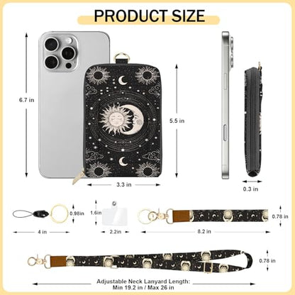 Daily Carry Roomy Leather Zipper Lanyard Wallet for Women, Adjustable Sun Moon Lanyard with ID Holder, RFID Badge Holder, 3 Clear Multiuse Cards, 2 Key Rings, 1 Phone Strap for Teacher Office - color: Sun and Moon