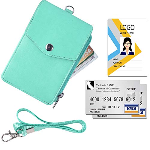 Teskyer Leather ID Badge Holder with Lanyard, Lanyard Wallet, Cyan - color: Cyan, size: 3.1" x 4.7"