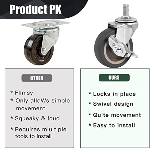 Caster Wheels, 3 Inch Stem Casters Set of 4, Heavy Duty Swivel Wheel with Brake, Metric Size M10-1.5-25 (Screw Diameter 10mm, Screw Length 25mm) Casters for Workbench Trolley, Furniture Dolly - style: M10-25