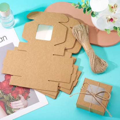 Craftdady 20pcs Small Square Brown Gift Boxes Party Favors Crafts Box with Jute String Folding Packing Boxes with Visible Window for Birthday Christmas Weddings 2.7"x2.58"x1.18" - color: Brown 2.7"x2.58"x1.18"