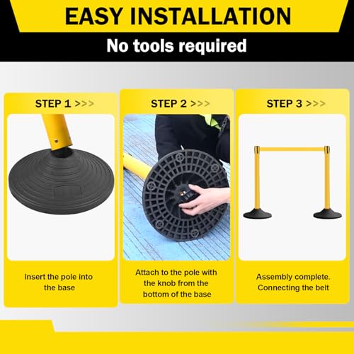 10 ft Crowd Control Stanchion Set, Yellow Crowd Control Barrier with Retractable Belts & Rubber Base, Queue Management Stanchion (6 Pack) - size: Rubber Base-6 Pack