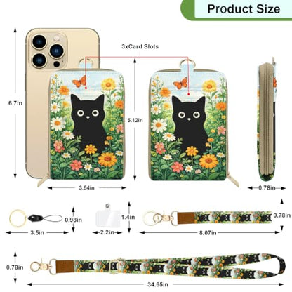 Black Cat Lanyard Wallet with ID Badge Holder PU Leathe RFID Small Keychain Wallet Women Wristlet Lanyard Wrist Strap, RFID Blocking for Office School Business Security Staff Women - color: Black Cat Flowers