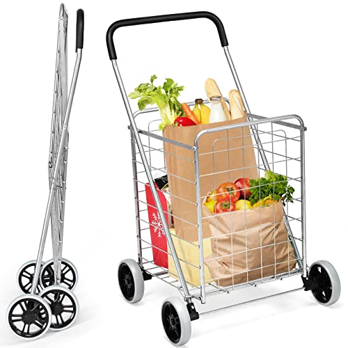 S AFSTAR Folding Shopping Cart, Portable Utility Cart w/All-Terrain Wheels, 22 Gallon Large Capacity, Heavy-Duty Steel Frame, Grocery Cart Granny Cart for Shopping Laundry Camping (Silver)