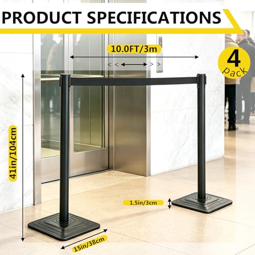 4 Pack Crowd Control Stanchions with 10FT Retractable Black Belt - color: BLACK BELT