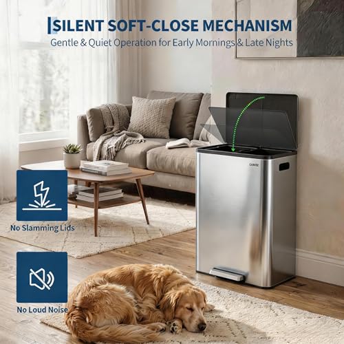 10.5 Gal Dual Compartment Stainless Steel Kitchen Trash Can with Lid, 20L+20L Recycling Garbage Bin, Soft Close Foot Pedal Trash Bin with 2 Removable Inner Buckets, Fingerprint Resistant for Home Offi - color: Stainless Steel, size: 2x5.25Gal