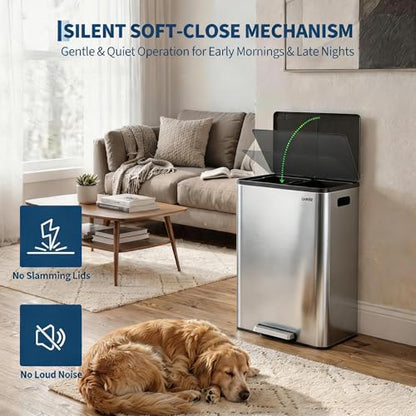 10.5 Gal Dual Compartment Stainless Steel Kitchen Trash Can with Lid, 20L+20L Recycling Garbage Bin, Soft Close Foot Pedal Trash Bin with 2 Removable Inner Buckets, Fingerprint Resistant for Home Offi - color: Stainless Steel, size: 2x5.25Gal