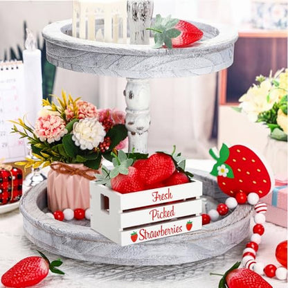 Maitys Mini Strawberry Table Decor, Wooden Crate with 8 Faux Strawberries
