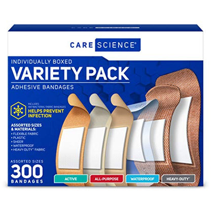 Care Science Variety Adhesive Bandages Pack, Assorted Sizes, 300 Count