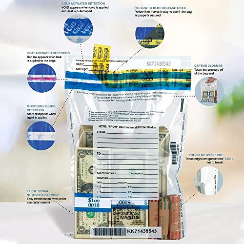 BankSupplies Ultima Blue Cash Transmittal Bags 9W x 12H Pack of 500 Captive Flap Closure Tamper Evident Tape Write-On Panel Heat Cold and Moisture Detection Deposit Plastic Bags - color: Clear, size: 9 x 12 inches | Case of 500