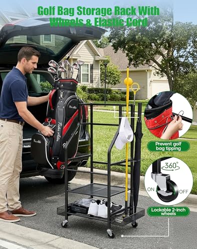 FHXZH Golf Bag Storage Garage Organizer - Golf Bag Stand with Wheels - color: Black - Without Bottom Drawer Basket