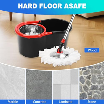 Spin Mop and Bucket with Wringer Set, 360° Spinning Mop Bucket System with 3 Microfiber Mop Replacement Heads Refills, Stainless Steel Extended Handle for Floor Cleaning Home Office