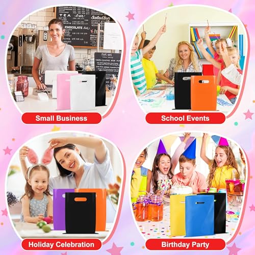 VieFantaisie 50 PCS Black Party Favor Bags, 8" x 11" Goodie Bags for Candy Treat Craft Easter Egg, Plastic Gift Bag with Die Cut Handles for Birthday Party, School Events & Small Business, Wedding - color: Black-50PCS-8x11Inch