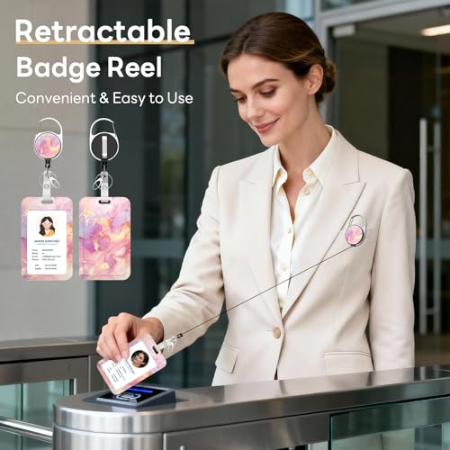 Retractable Badge Holder with Detachable Lanyard, Pink Marble - color: Pink Marble