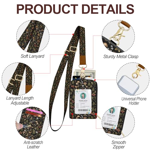 Mushroom Lanyard for Wallet, Boho ID Badge Holder & Lanyard Wallet, Cute RFID Leather Credit Card Holder with Keychain Breakaway Wrist & Neck Lanyards for Women Worker Teacher Student Nurse Gifts - color: Mushroom Butterfly Black