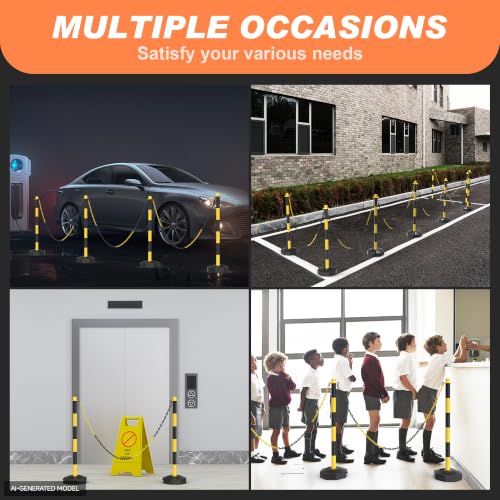 6 Pack Traffic Delineator Post Cones with Fillable Base & 5Ft Chain - color: Yellow+Black
