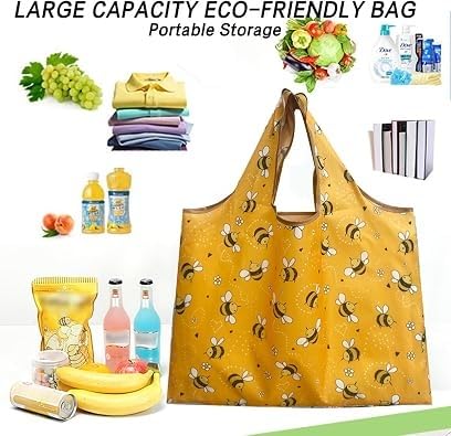 Large Capacity Unisex Tote Bag,Foldable Tote Nylon Reusable Grocery Bags,with Camouflage Pattern for Shopping,Travel,Camping - color: Yellow Bee