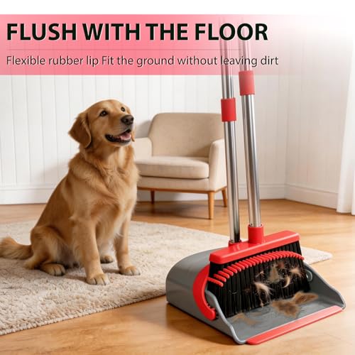 YZO Broom and Dustpan Set, 50.6-Inch Long Handle Standing Design, Dustpan Front Rubber Tight Seal, Broom with 5-Layer Bristles, Suitable for Living Room, Bedroom, Yard, Office and Apartment(Gray&Red) - color: Gray&red