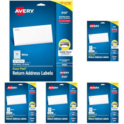 Avery Printable Return Address Labels with Sure Feed, White, 2,000 Blank Mailing Labels (08167) 1/2" x 1 3/4" (Pack of 5) - size: 1/2" x 1 3/4" (Pack of 5), style: 2,000 labels