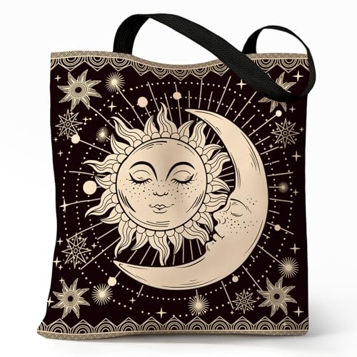 Cute Canvas Tote Bag for Women, Book Totebag with Zipper Pocket - color: Sun and Moon