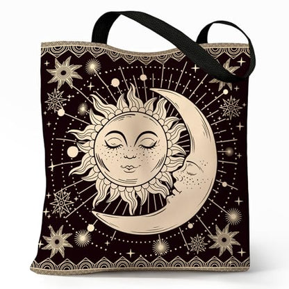 Cute Canvas Tote Bag for Women, Book Totebag with Zipper Pocket - color: Sun and Moon