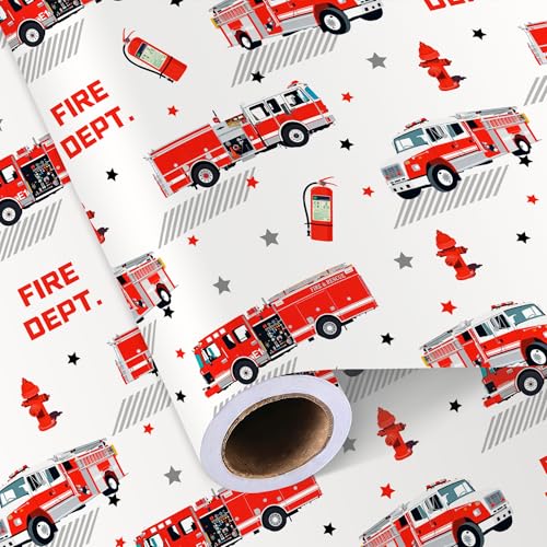 Sikiweiter Fire Truck Wrapping Paper Roll – 17 Inches x 16.5 Feet, Red Fire Engine Print, Perfect for Kids’ Birthday Parties, Firefighter-Themed Gifts & Celebrations(Fire Fighting Truck) - color: Fire Fighting Truck