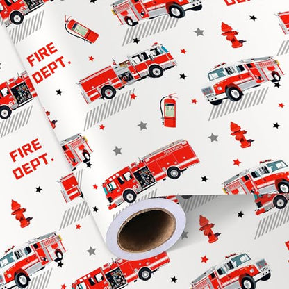 Sikiweiter Fire Truck Wrapping Paper Roll – 17 Inches x 16.5 Feet, Red Fire Engine Print, Perfect for Kids’ Birthday Parties, Firefighter-Themed Gifts & Celebrations(Fire Fighting Truck) - color: Fire Fighting Truck