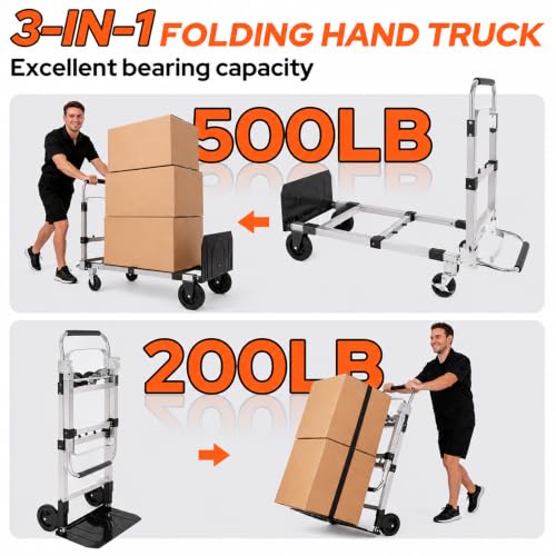 Folding Hand Truck Dolly Cart with Wheels, 500lb Load, Silver Black - color: Silver+black