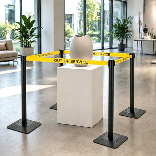 4 Pack Crowd Control Stanchions with 10FT Retractable "Out of Service" Belt - color: OUT OF SERVICE BELT
