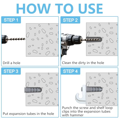 12 Pack White Down Wall Clip Closet Shelves Clips Wire Shelf Loop Clips Plastic Heavy Duty Wire Shelf Brackets Included Clips Screws and Expansion Tubes for Wire Closet Shelving