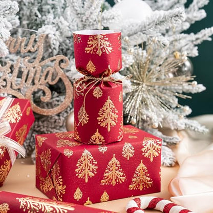 WRAPAHOLIC 3D Kraft Christmas Wrapping Paper Roll - Mini Roll - 17 Inch x 16.5 Feet - Gold and Red Christmas Tree Wrapping Paper with Embossed Perfect for Holiday, Party Celebration - color: Christmas Tree - Red & Gold, size: 17 inch x 16.5 feet