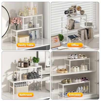 Expandable Kitchen Organizer Shelf, Cabinet Countertop Shelves - color: White