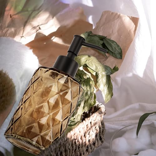 Dark Brown Glass Soap Dispenser with Pump, 12oz Diamond Design Hand Soap Dispenser, Refillable Lotion Dispenser & Dish Dispenser, Bathroom Dispenser for Dishwashing Liquid, Shower Gel - color: Diamond Amber