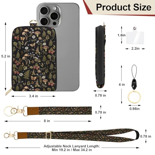 Mushroom Lanyard for Wallet, Boho ID Badge Holder & Lanyard Wallet, Cute RFID Leather Credit Card Holder with Keychain Breakaway Wrist & Neck Lanyards for Women Worker Teacher Student Nurse Gifts - color: Mushroom Butterfly Black