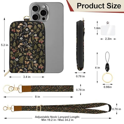 Mushroom Lanyard for Wallet, Boho ID Badge Holder & Lanyard Wallet, Cute RFID Leather Credit Card Holder with Keychain Breakaway Wrist & Neck Lanyards for Women Worker Teacher Student Nurse Gifts - color: Mushroom Butterfly Black