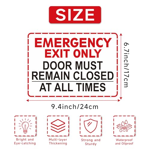 Emergency Exit Only Signs Sticker，Self Adhesive UV, Weather, Scratch, Water & Fade Resistant Door Must Remain Closed At All Times sign for Business, Schools, Offices, Storage Rooms, Hospitals - color: Emergency Exit Only145