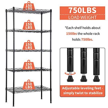 5 Tier Storage Shelves, Adjustable Wire Shelf Rack 21.5 x 11.6 x 47.6 - color: Black, size: 11.6"D x 21.5"W x 47.6"H