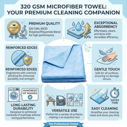 Poli Glow® 320 GSM Microfiber Towel – 16×16 in, 80/20 Polyester-Polyamide Blend, Overlock-Stitched Edges – Scratch-Free, Highly Absorbent Detailing Cloth for Auto, Marine & Home