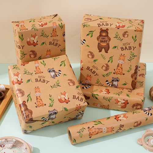 ZINTBIAL Kraft Baby Shower Wrapping Paper Roll - Unisex Baby Showers & Kids Birthdays Gift Wrap Paper - 17 Inch x 33 Feet - Cute Animal Design with Cut Lines, Newborn Theme Party for Boy or Girl - color: Baby Shower-Brown