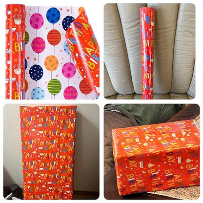 Ulmasinn Birthday Wrapping Paper Roll, 17" x 33', Double Sided Happy Birthday & Balloon Design, Thick 80gsm Gift Wrap for Kids, Boys, Girls and Adults, Mini Roll for Small to Medium Birthday Gifts - color: Birthday red