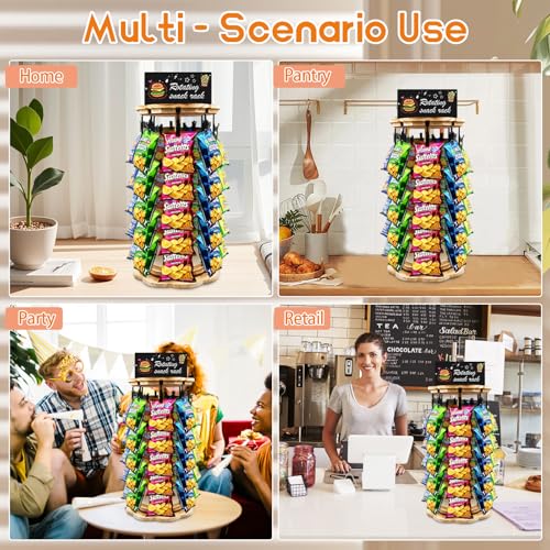 Chip Rack Display Stand 5 Tiers 40 Clips Snack Organizer With Message Board Rotating Potato Chip Rack Display Stand with Wooden Base Chip Holder for Party Retail Concession Countertop